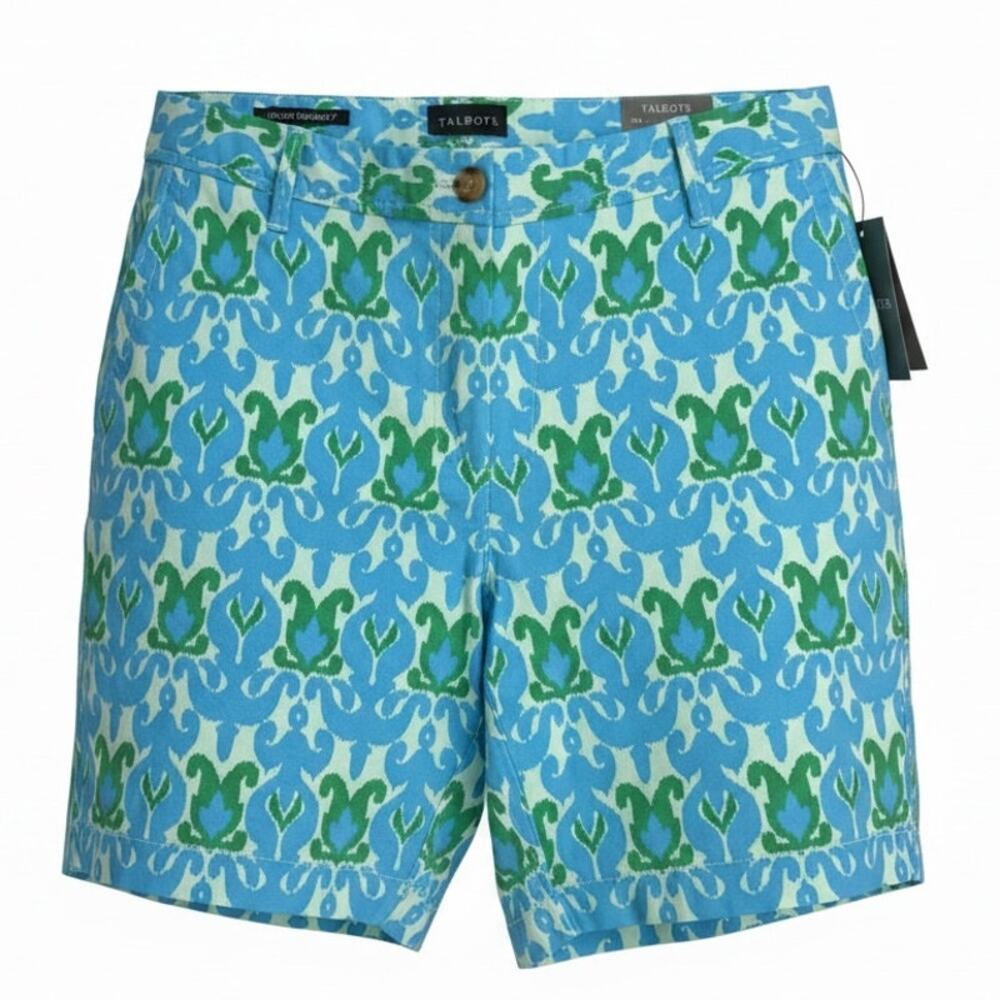Talbots Relaxed Chino Shorts Womens 8 NWT Blue Green Medallion Print 7” Preppy